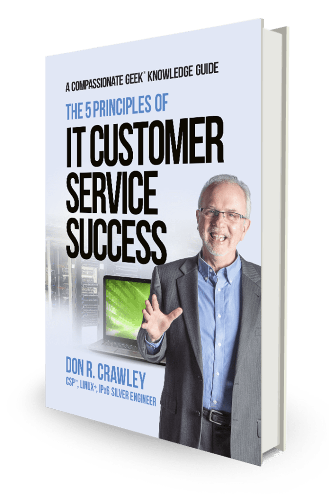 5 Principles of IT Customer Service Success book with a man in a business suit.